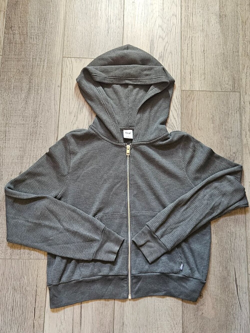 TNA Women's Gray Hooded Waffle Zip-Up Sweatshirt